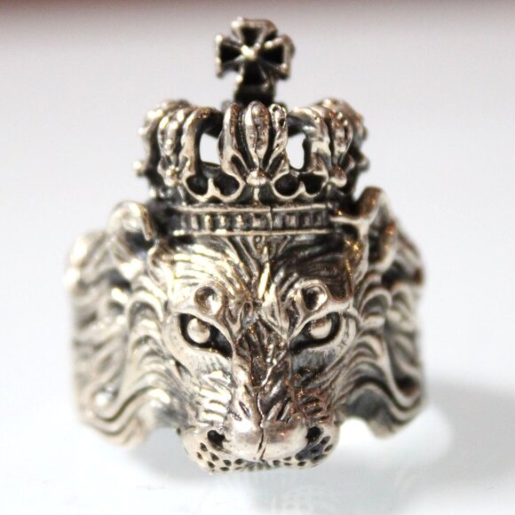 Lion Head Ring with Crown 13.11g Silver Tone Gothic Royal King Size 8.5 Bold - Picture 1 of 8